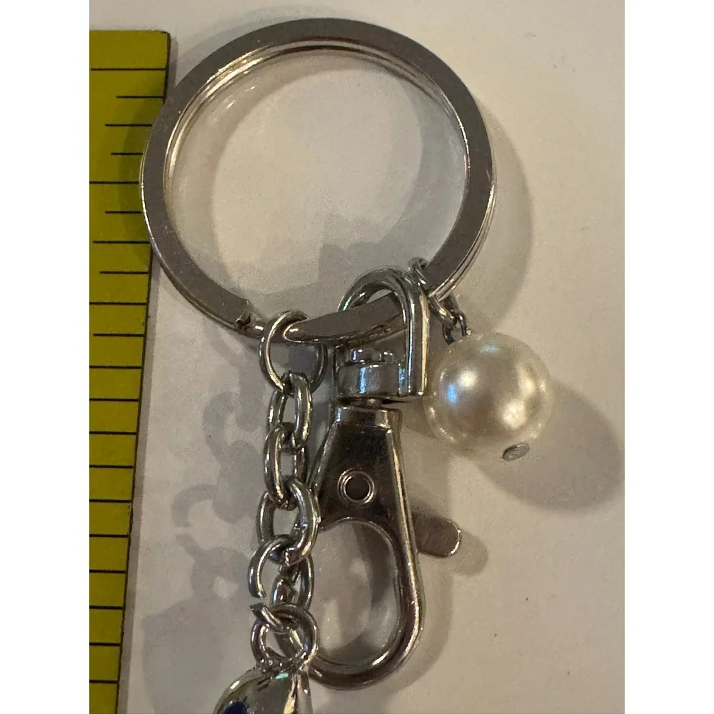 Silver Sea Turtle Shaker Keychain Blue Green Crystals AB Rhinestones Pearl Charm